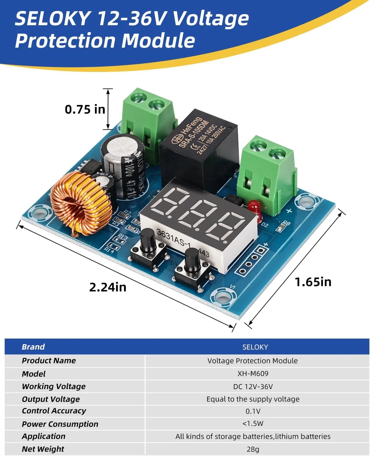 12V-36V DC Voltage Protection Module Digital Low Voltage Protector Disconnect Switch Cut Off Over Discharge Protection Module Pack of 2