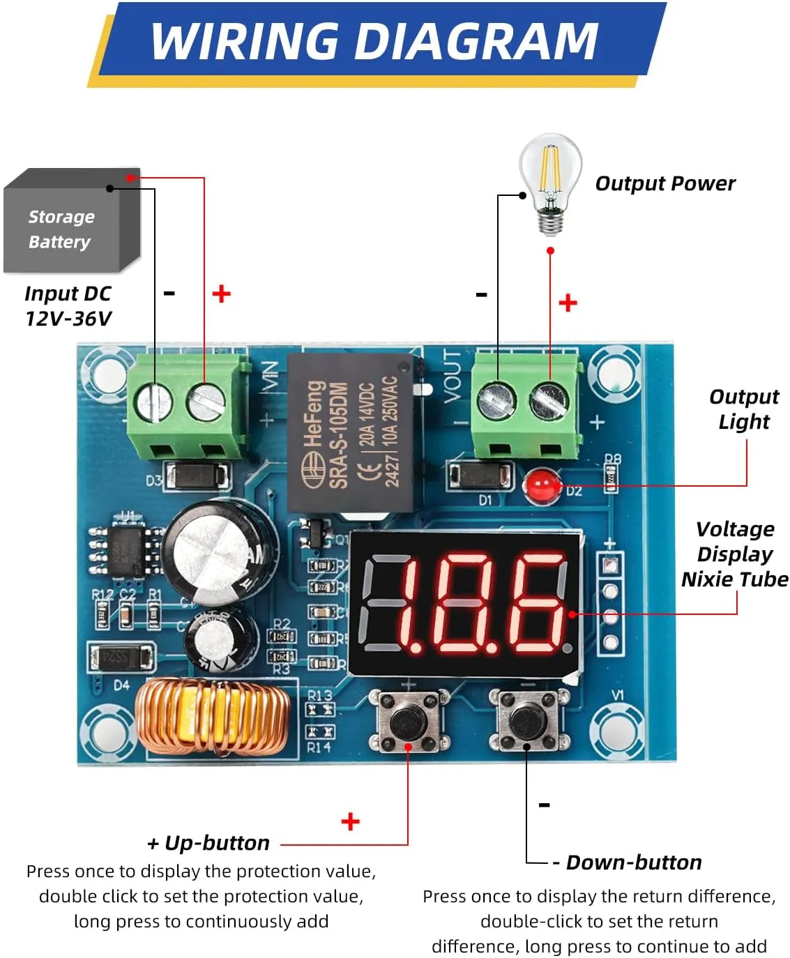 12V-36V DC Voltage Protection Module Digital Low Voltage Protector Disconnect Switch Cut Off Over Discharge Protection Module Pack of 2