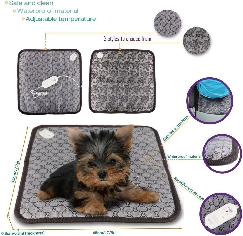 17.7"x17.7" Pet Dog Cat Waterproof Electric Heating Mat Bed Warming Pad with Anti Bite Tube
