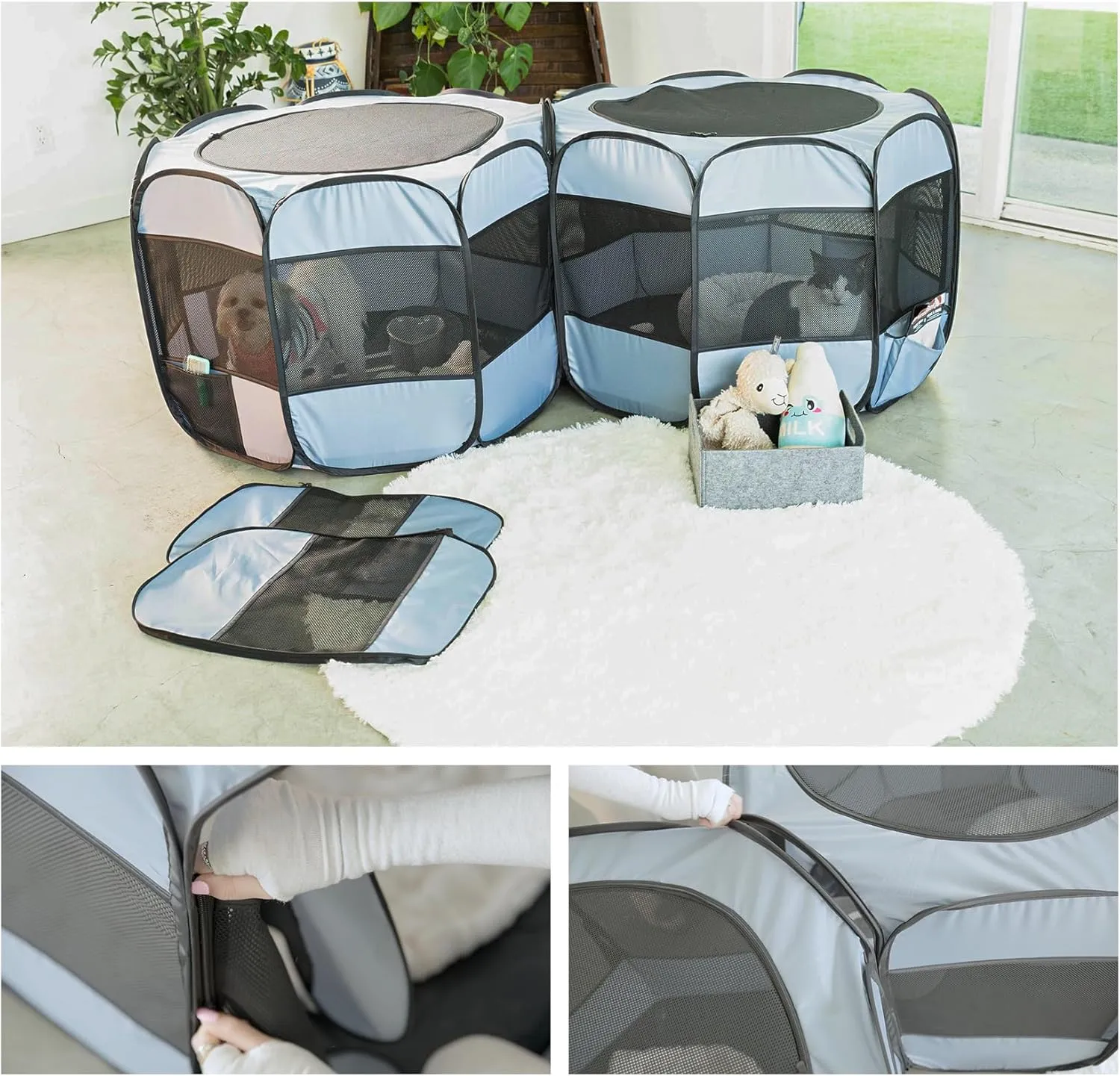 2-in-1 Cat Playpens, Detachable into 2 Separate Playpens with Additional 2 Doors, with Pee Pads, Portable Dog Playpen Cat Tent Enclosure for Kitten and Puppy Indoor Outdoor Use(S, 58" Lx29''Wx17''H)
