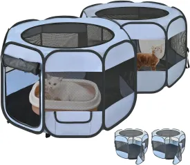 2-in-1 Cat Playpens, Detachable into 2 Separate Playpens with Additional 2 Doors, with Pee Pads, Portable Dog Playpen Cat Tent Enclosure for Kitten and Puppy Indoor Outdoor Use(S, 58" Lx29''Wx17''H)