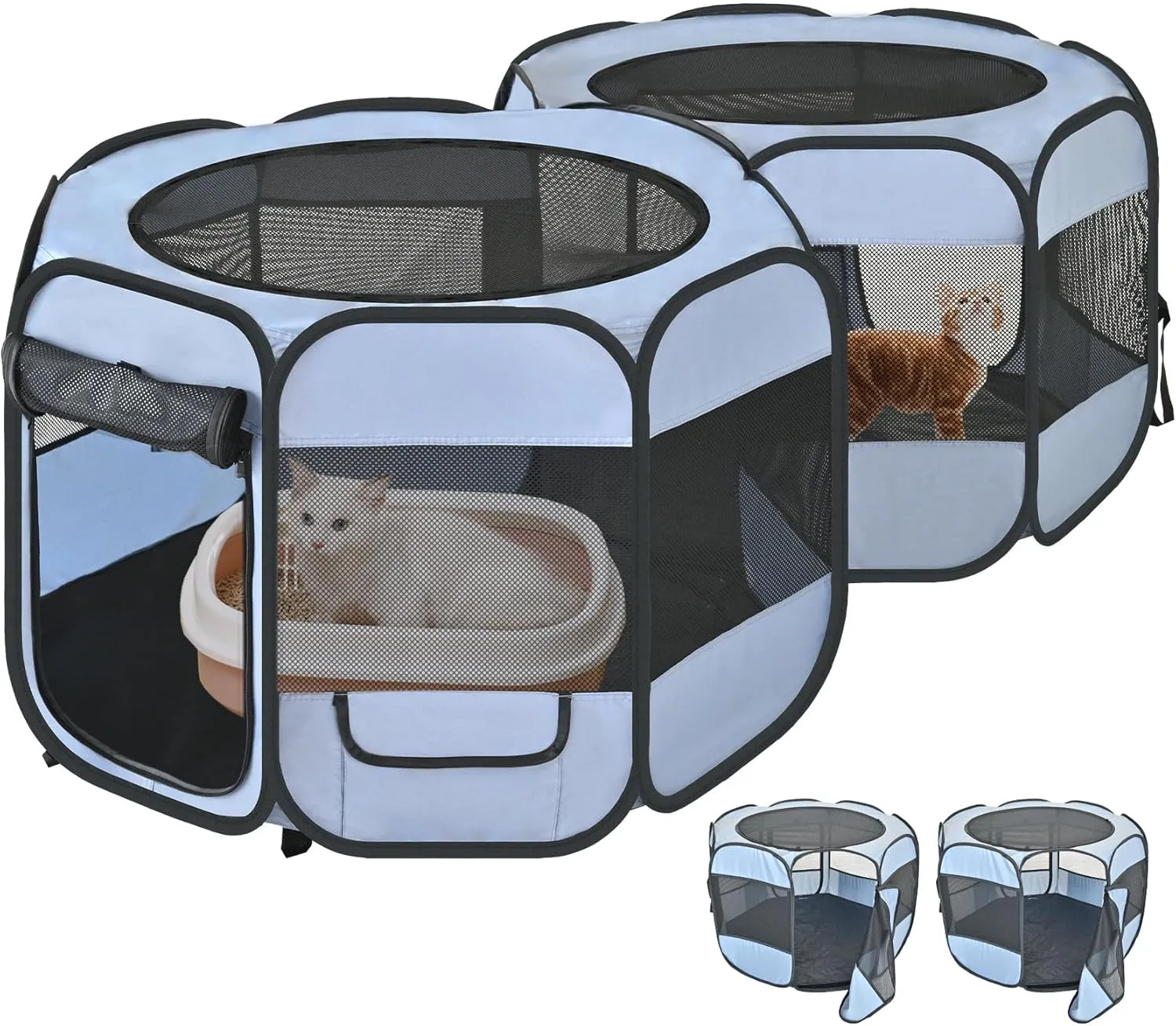 2-in-1 Cat Playpens, Detachable into 2 Separate Playpens with Additional 2 Doors, with Pee Pads, Portable Dog Playpen Cat Tent Enclosure for Kitten and Puppy Indoor Outdoor Use(S, 58" Lx29''Wx17''H)
