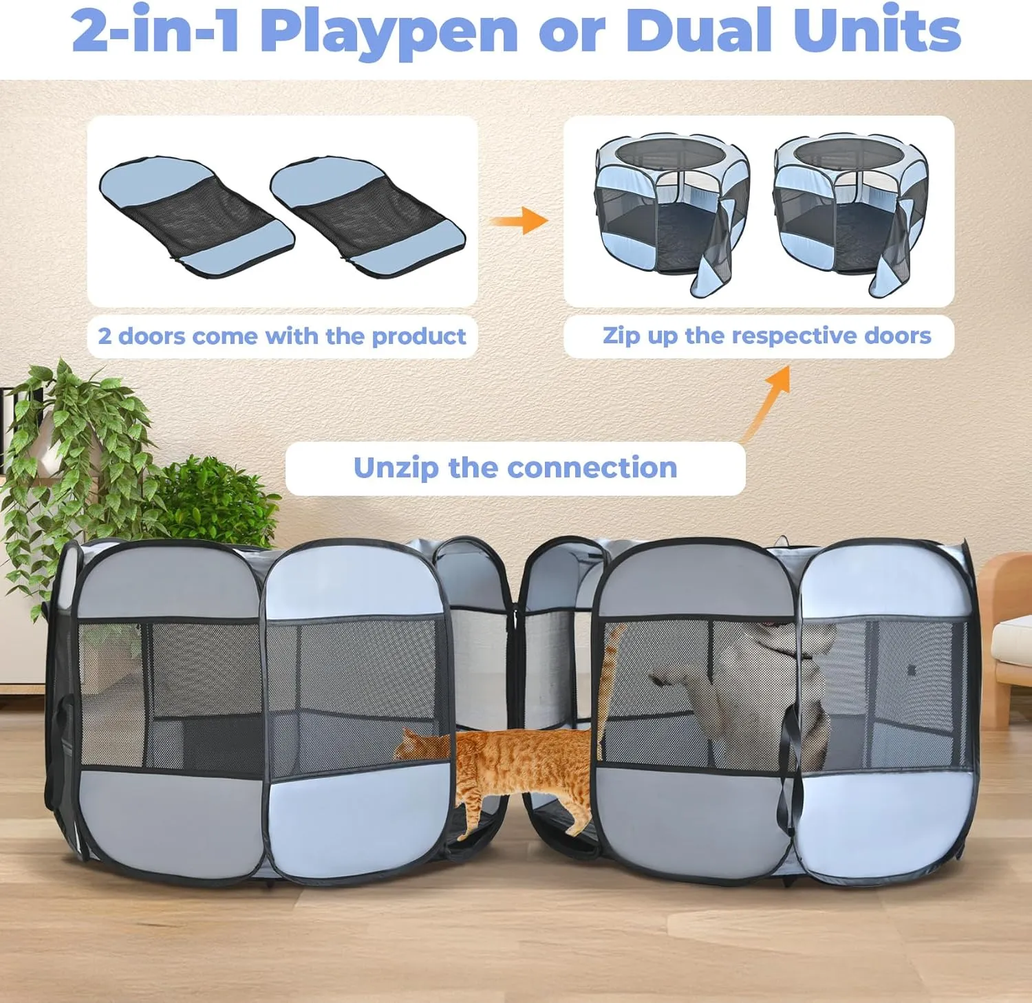 2-in-1 Cat Playpens, Detachable into 2 Separate Playpens with Additional 2 Doors, with Pee Pads, Portable Dog Playpen Cat Tent Enclosure for Kitten and Puppy Indoor Outdoor Use(S, 58" Lx29''Wx17''H)