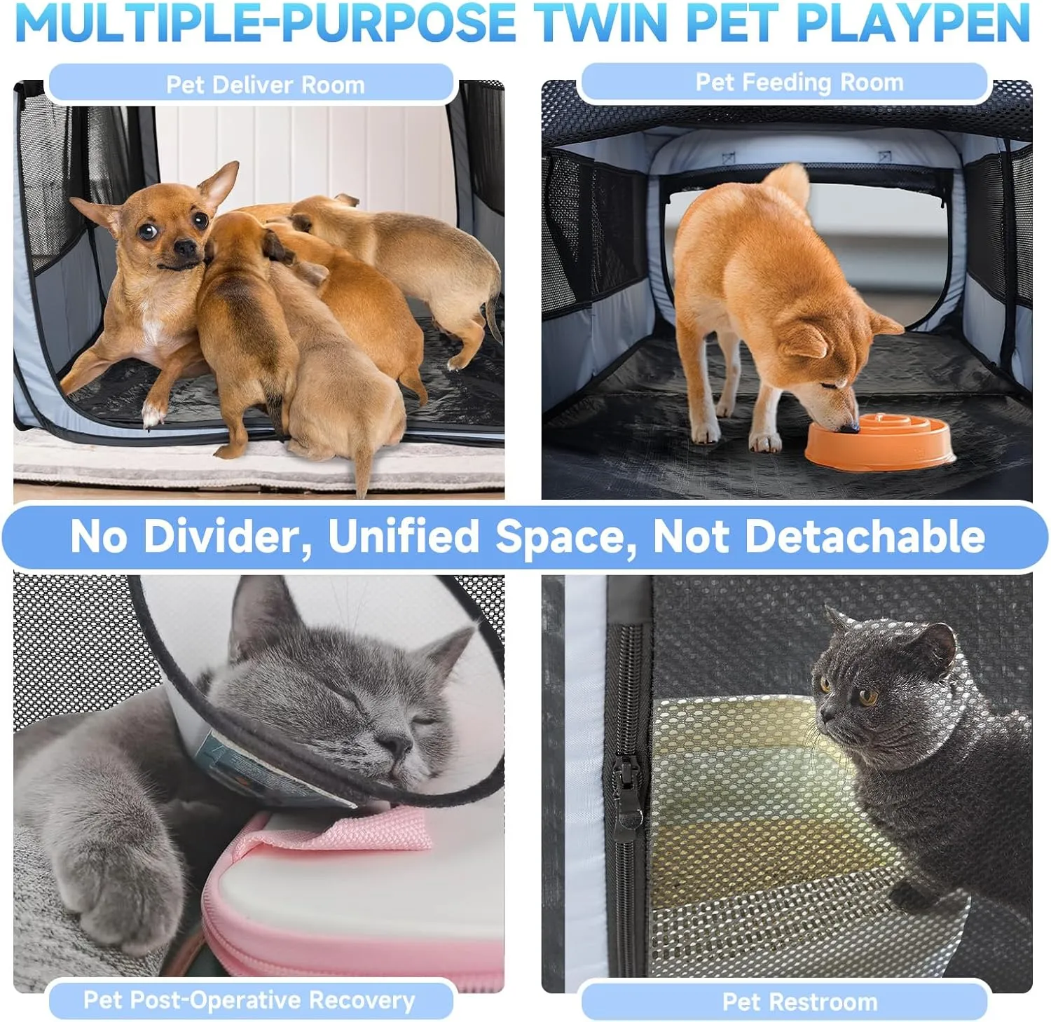 2-in-1 Dog Playpen, 46.5'' Pop Up Cat Puppy Pet Playpens Indoor/Outdoor Cats Enclosed, Cat Dog Tent Crate Cage Kennel, Portable Playpen for Kitten, Small Animals Play Pen(No Divider, Unified Space)