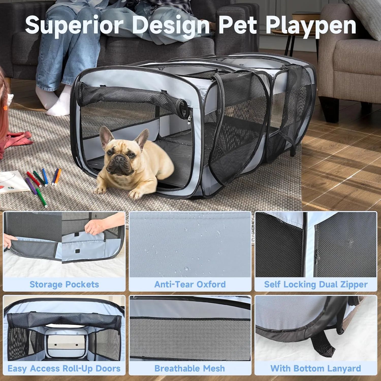2-in-1 Dog Playpen, 46.5'' Pop Up Cat Puppy Pet Playpens Indoor/Outdoor Cats Enclosed, Cat Dog Tent Crate Cage Kennel, Portable Playpen for Kitten, Small Animals Play Pen(No Divider, Unified Space)