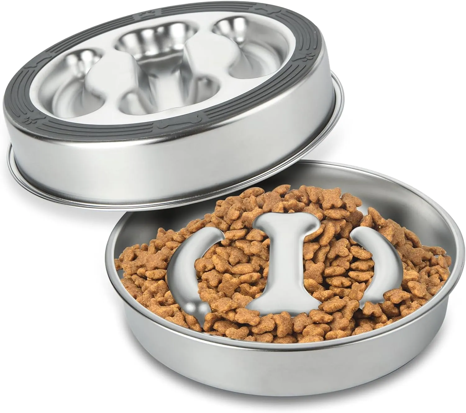2 Pack Slow Feeder Dog Bowls Stainless Steel Slow Feed Dog Bowl, 3 Cups Metal Non-Slip Dogs Food Bowls Double-Sided Bones Design Slow Feeder Bowl for Fast Eaters, Small Medium Large Dogs
