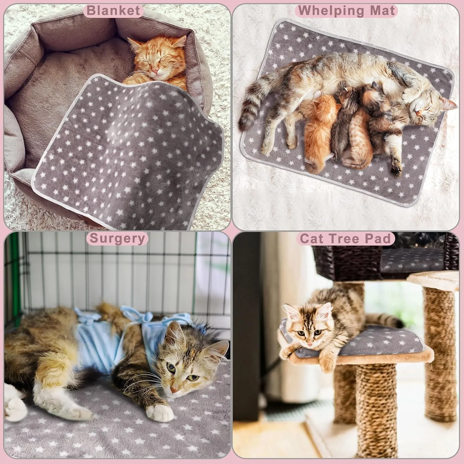2 Pcs Self Heating Cat Pad Reflects Body Heat Dog Crate Self Warming Pet Pad Gray Nursing Cat Blankets Bed Mat for Newborn Kittens Puppies Eldly Cat Dog Washable(Small Star,24 x 18)