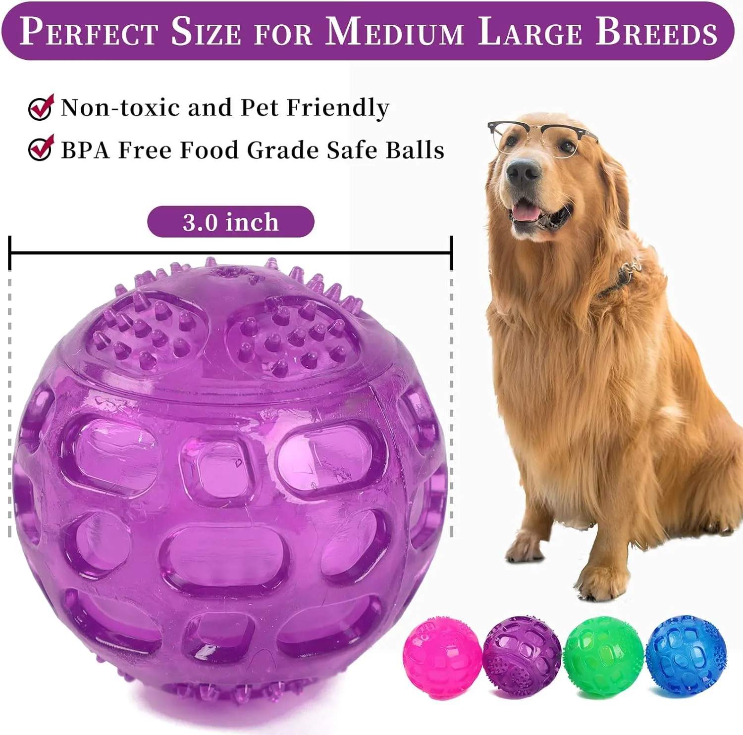 3'' Squeaky Dog Toy Balls for Lagre Medium Breed, Indestructible Dog Balls for Playing, Fetching & Retrieving, Durable Aggressive Chewers, 3 PCS Red Blue Green