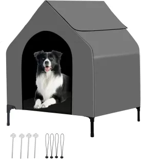 36" Dog House Outdoor for Medium/Large Breeds - Outside Waterproof & Sunproof Dog House, Elevated Dog Bed with Dog Shade Shelter Canopy