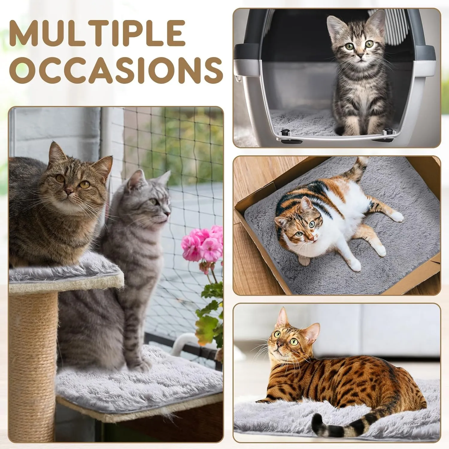 4 Pack Self Warming Cat Bed Pad Self Heating Dog Mat with Fluffy Faux Fur Plush Cat Calming Bed Thermal Mat Washable Pet Pad Anti Slip Bottom for Outdoor Indoor Pets(Grey,16" X 20")