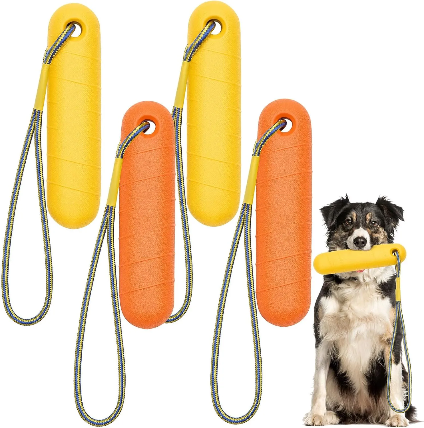 4 Pcs Interactive Dog Pool Toys with Throw Rope 8.66 x 2 Inch Fetch Training Bumpers Water Floating Toys for Outdoor (Yellow, Orange)