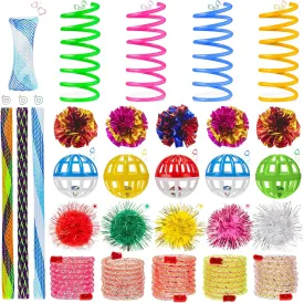 47 Pieces Cat Toy Springs Balls Set Includes Polyester Film Crinkle Cat Toy Assorted Color Tinsel Pom Balls Spring Plastic Tube, 6 Styles