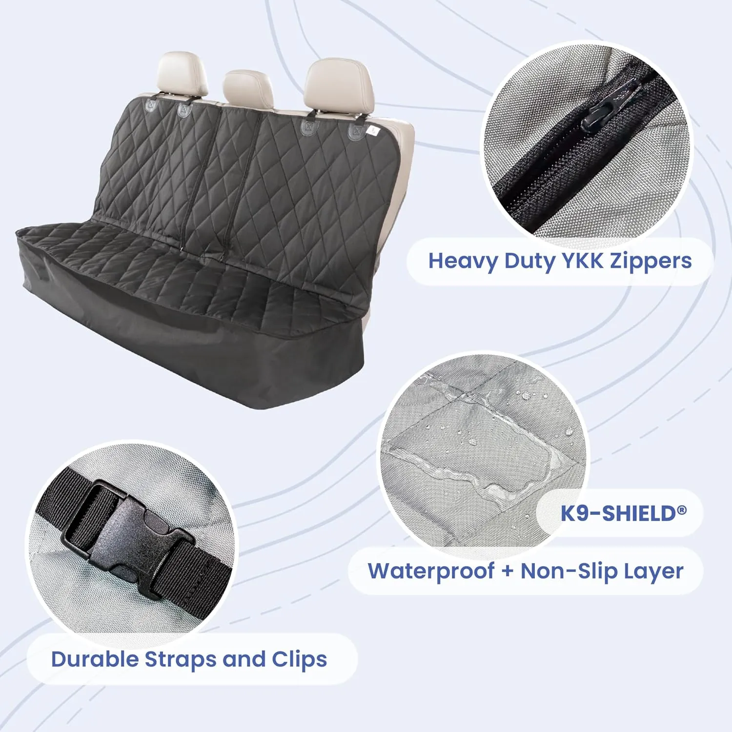 4Knines Dog Seat Cover for Back Seat, Heavy Duty Waterproof Rear Seat Protector for Small Trucks, SUV, Cars - Fits 60/40 Split Bench with Middle Seat Belt, Non-Slip Dog Backseat Cover (Regular, Black)