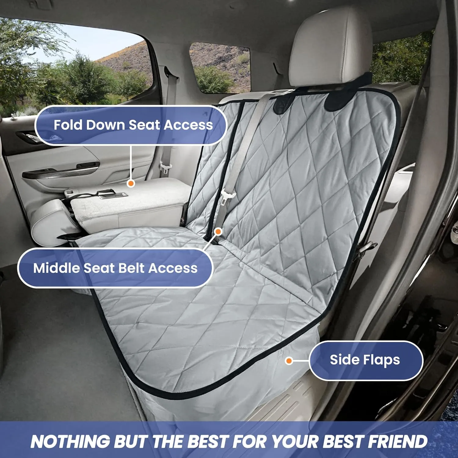 4Knines Dog Seat Cover for Back Seat, Heavy Duty Waterproof Rear Seat Protector for Small Trucks, SUV, Cars - Fits 60/40 Split Bench with Middle Seat Belt, Non-Slip Dog Backseat Cover (Regular, Black)