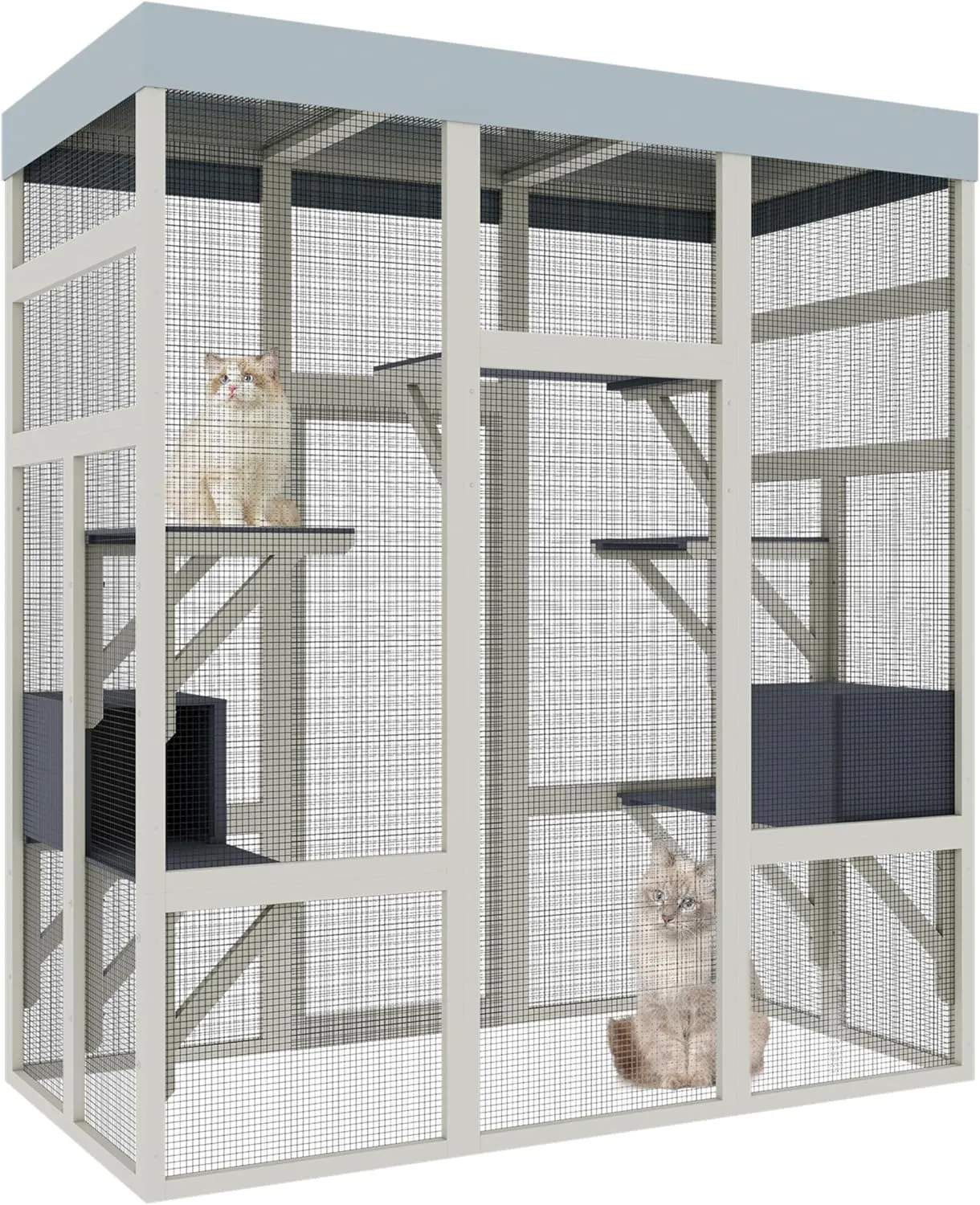 62.6" Gray Wooden Cat Outdoor Enclosure with Waterproof Top & Ventilated Mesh - Multi-Level Pet Cage for Cats/Small Animals, Lockable Doors & Elevated Platforms Shelter