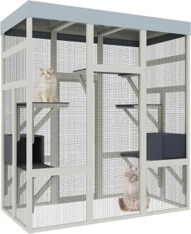 62.6" Gray Wooden Cat Outdoor Enclosure with Waterproof Top & Ventilated Mesh - Multi-Level Pet Cage for Cats/Small Animals, Lockable Doors & Elevated Platforms Shelter