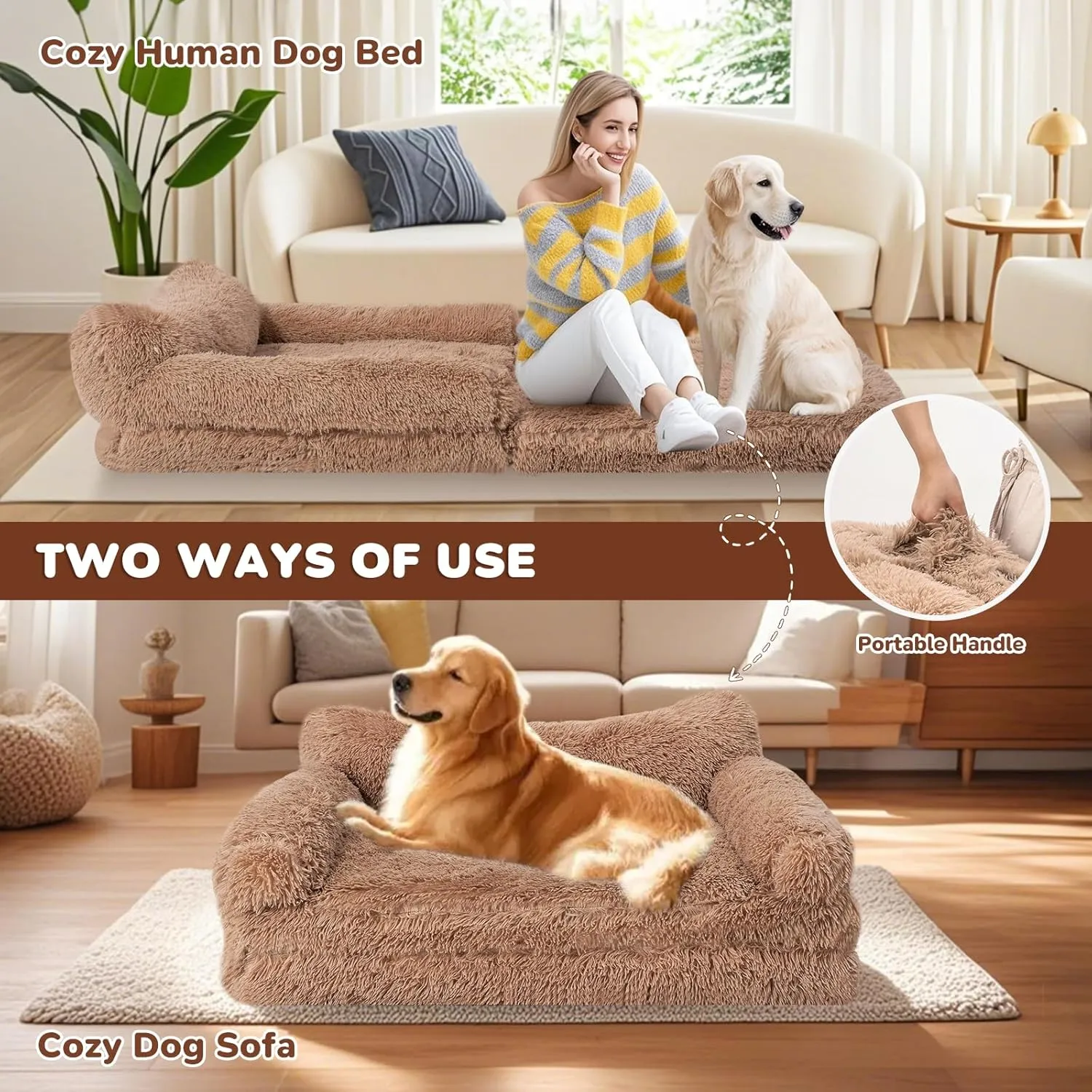 72" Foldable Human Dog Bed for Adults, Fluffy Faux Fur with Blanket, Orthopedic Washable Dog Bed with Memory Foam and Water Repellent Liner Extra Large Thick for Pet