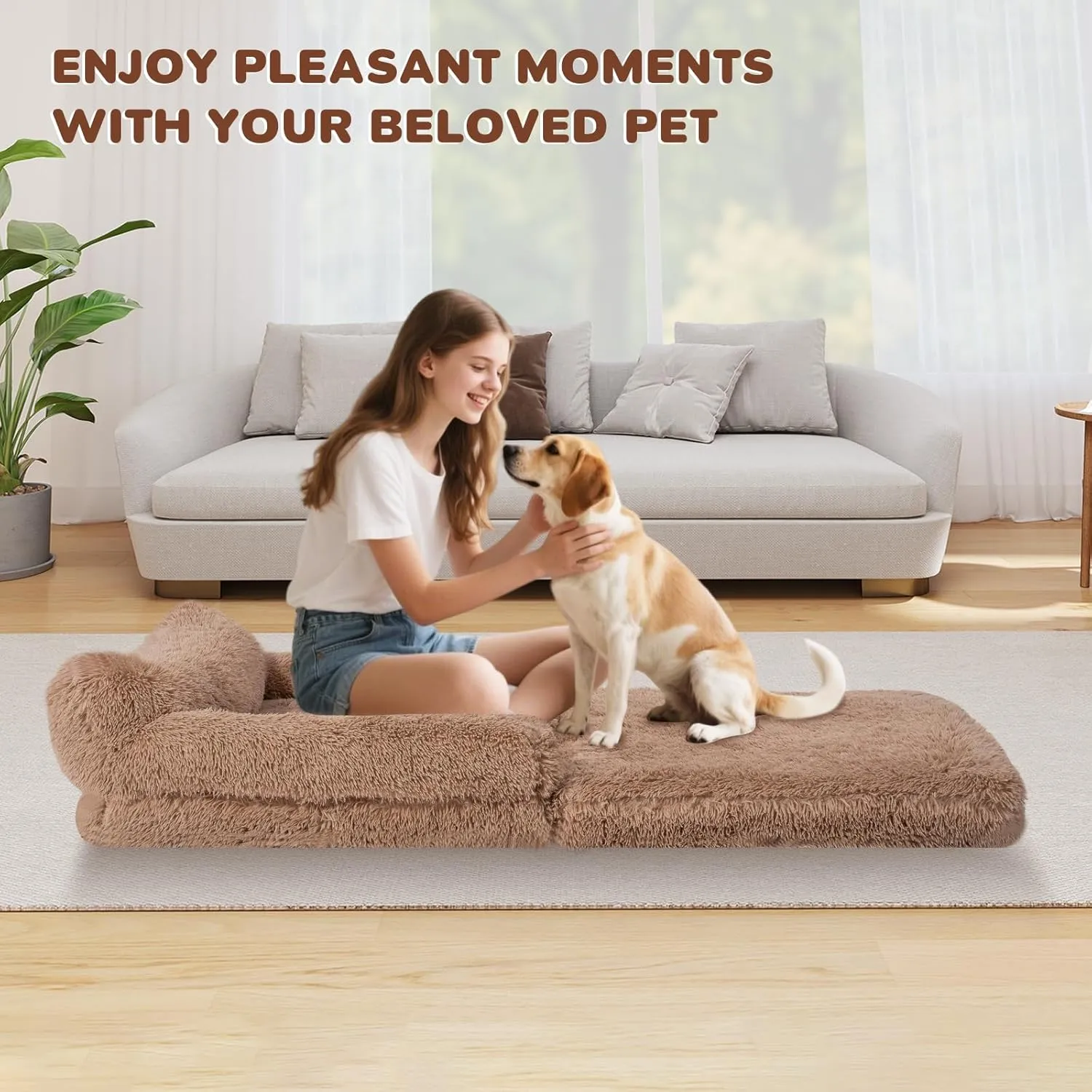 72" Foldable Human Dog Bed for Adults, Fluffy Faux Fur with Blanket, Orthopedic Washable Dog Bed with Memory Foam and Water Repellent Liner Extra Large Thick for Pet