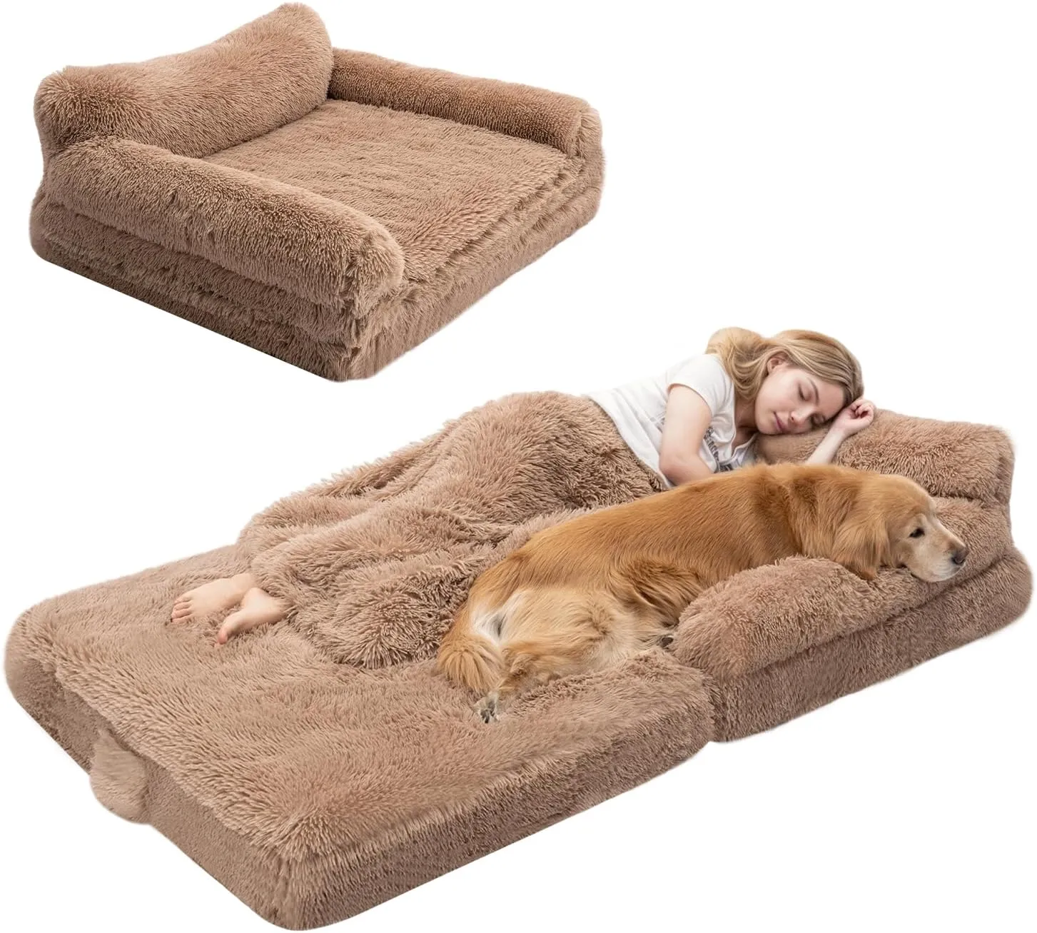 72" Foldable Human Dog Bed for Adults, Fluffy Faux Fur with Blanket, Orthopedic Washable Dog Bed with Memory Foam and Water Repellent Liner Extra Large Thick for Pet