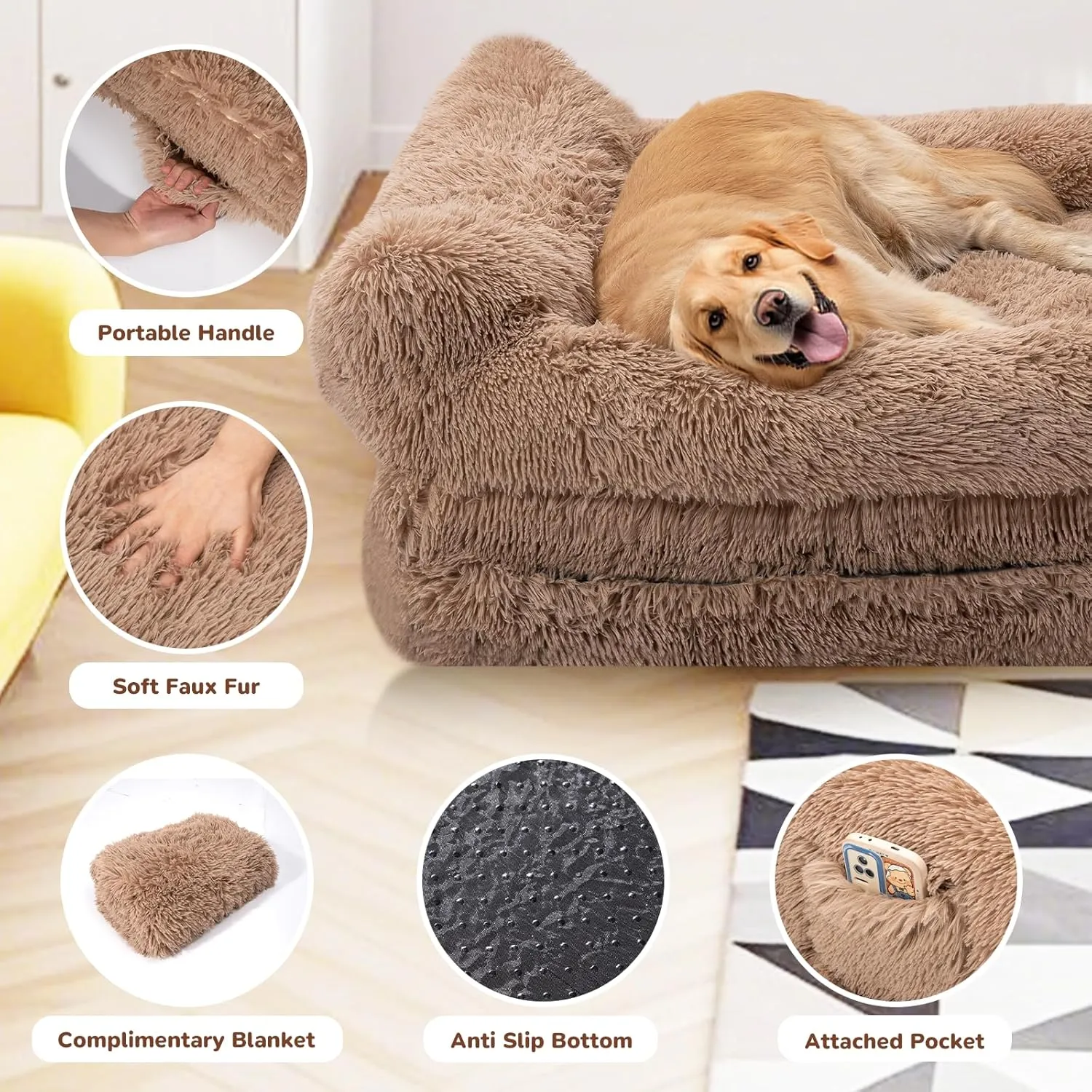 72" Foldable Human Dog Bed for Adults, Fluffy Faux Fur with Blanket, Orthopedic Washable Dog Bed with Memory Foam and Water Repellent Liner Extra Large Thick for Pet
