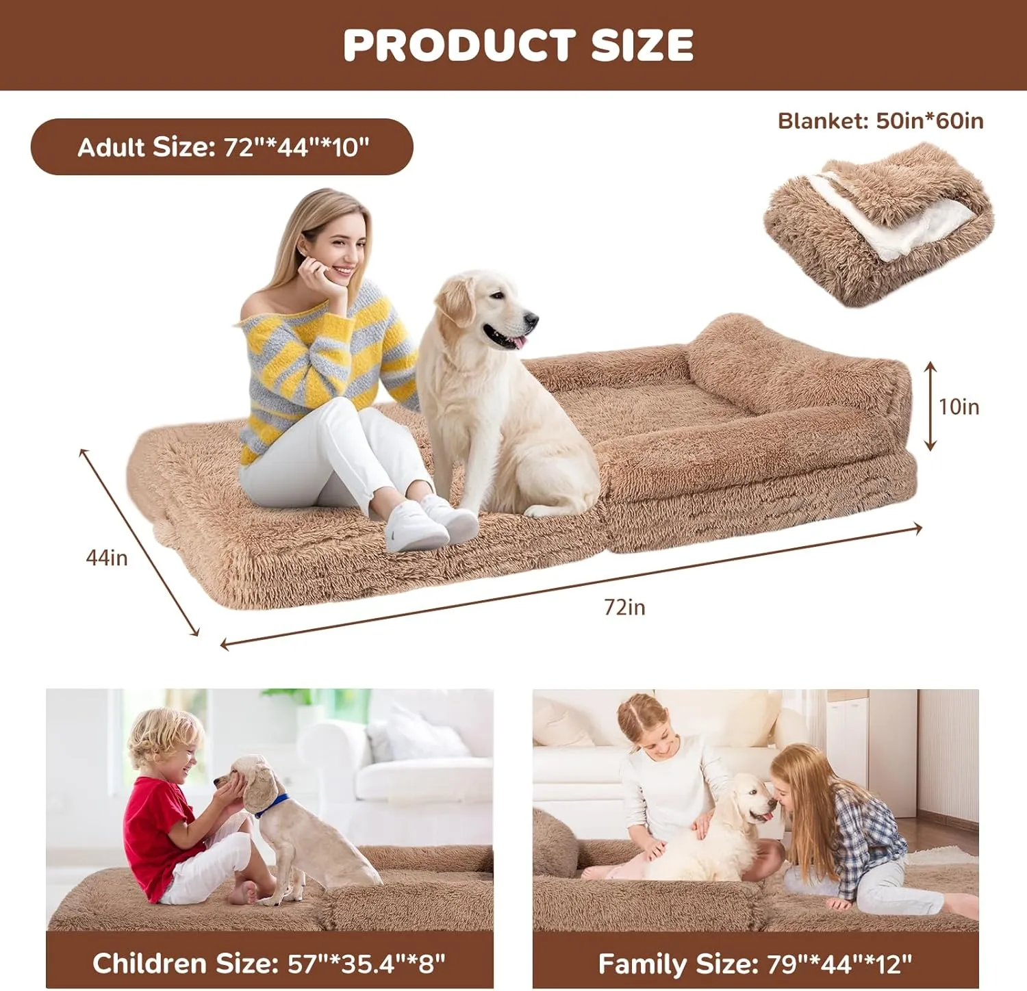 72" Foldable Human Dog Bed for Adults, Fluffy Faux Fur with Blanket, Orthopedic Washable Dog Bed with Memory Foam and Water Repellent Liner Extra Large Thick for Pet