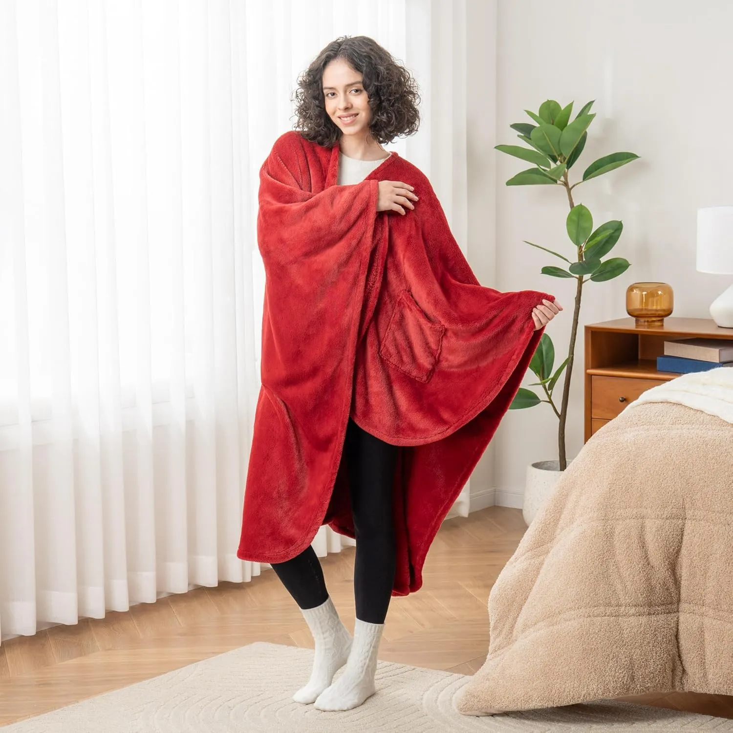 Berkshire Blanket Primalush Wearable Blanket, Cozy Loungewear Pocketed Plush Cape Wrap for Adults & Teens(Chili, One Size 58"X64")