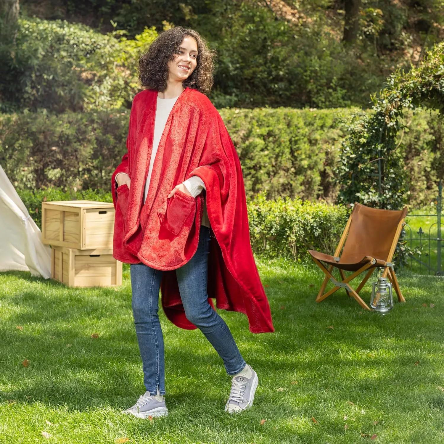 Berkshire Blanket Primalush Wearable Blanket, Cozy Loungewear Pocketed Plush Cape Wrap for Adults & Teens(Chili, One Size 58"X64")