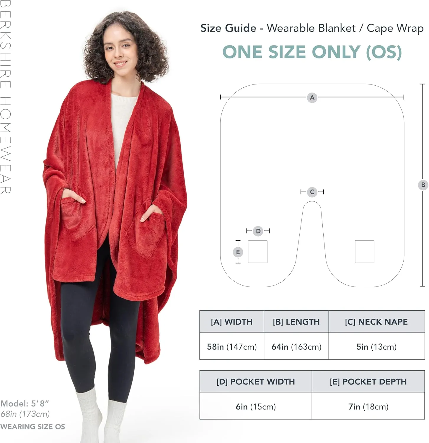 Berkshire Blanket Primalush Wearable Blanket, Cozy Loungewear Pocketed Plush Cape Wrap for Adults & Teens(Chili, One Size 58"X64")