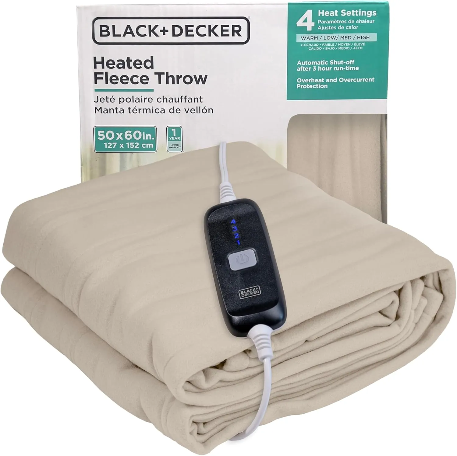 BLACK DECKER Heated Blanket Electric Throw, Fleece Electric Blanket, Heating Blanket with 4 Heating Levels, 3H Timer, Auto Shutoff, Fast Heating (50x60 inches, Cream)