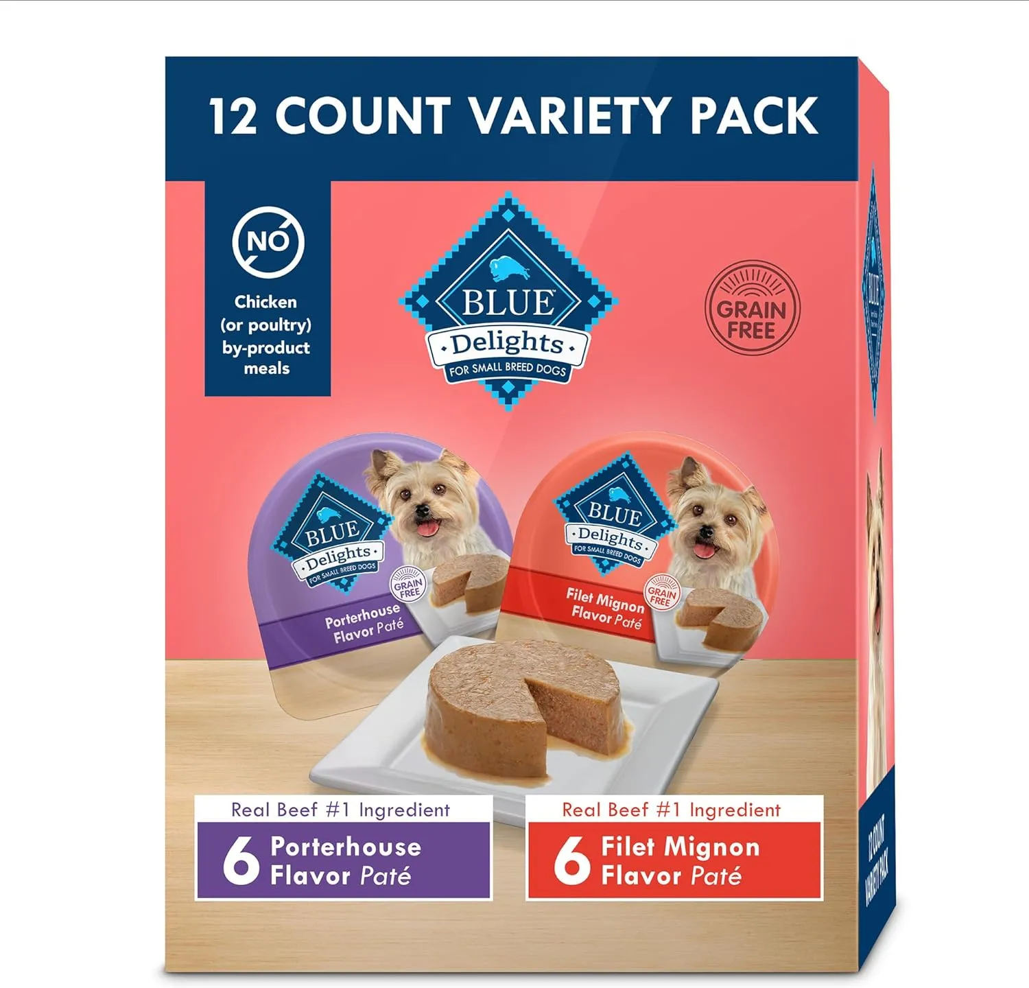 Blue Buffalo Delights Natural Adult Small Breed Wet Dog Food Variety Pack, Made with Natural Ingredients, Filet Mignon Flavor Pat & Porterhouse Flavor Pat, 3.5-oz. Cups (12 Count, 6 of Each)