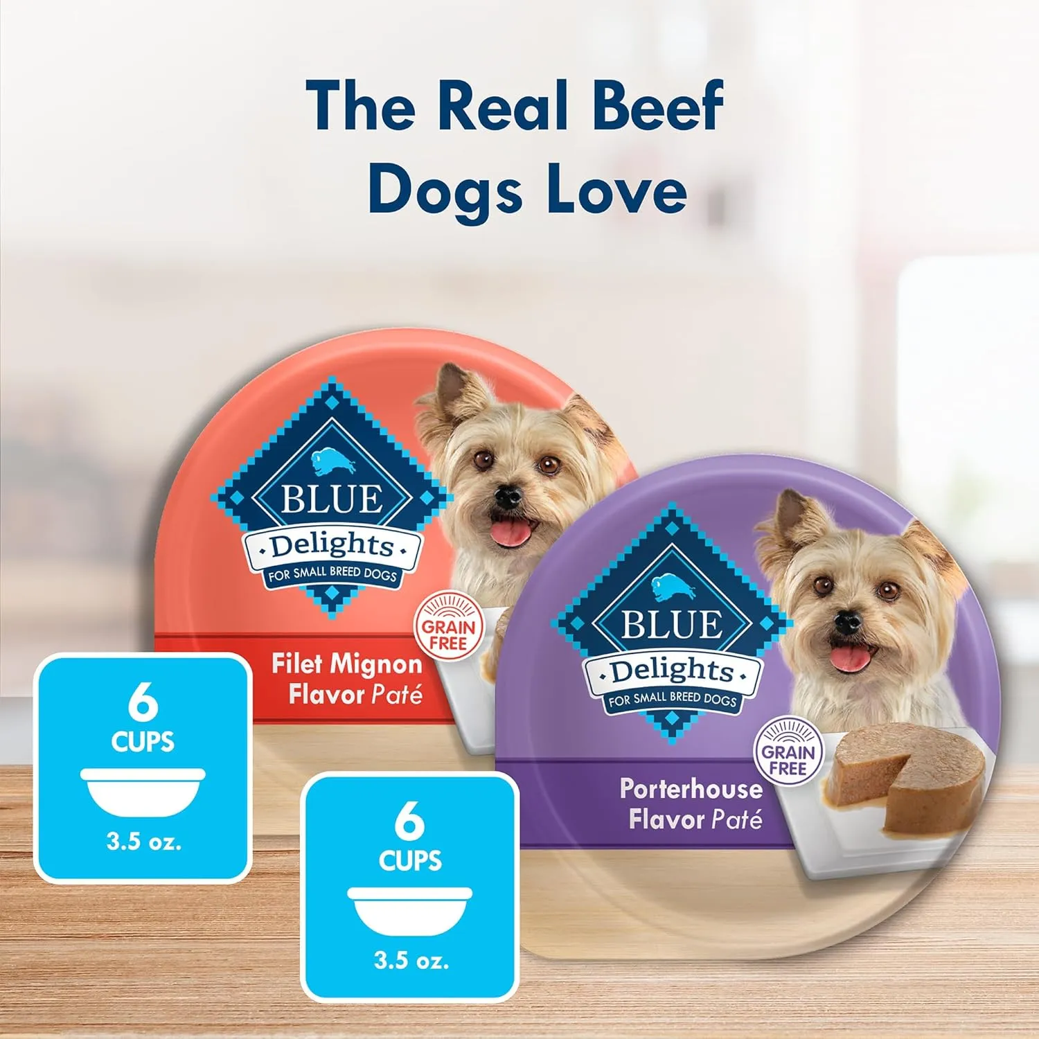 Blue Buffalo Delights Natural Adult Small Breed Wet Dog Food Variety Pack, Made with Natural Ingredients, Filet Mignon Flavor Pat & Porterhouse Flavor Pat, 3.5-oz. Cups (12 Count, 6 of Each)