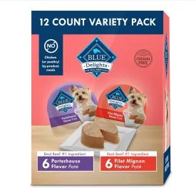 Blue Buffalo Delights Natural Adult Small Breed Wet Dog Food Variety Pack, Made with Natural Ingredients, Filet Mignon Flavor Pat & Porterhouse Flavor Pat, 3.5-oz. Cups (12 Count, 6 of Each)