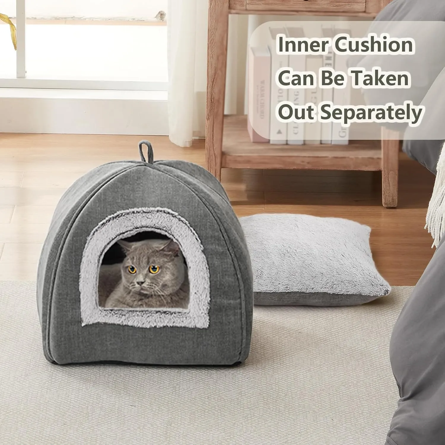 Cat Bed Cave-Cat Beds for Indoor Cats,Kittens and Large Pets,Foldable and Washable with Removable Cushioned and Anti Slip Bottom(Large,Grey)