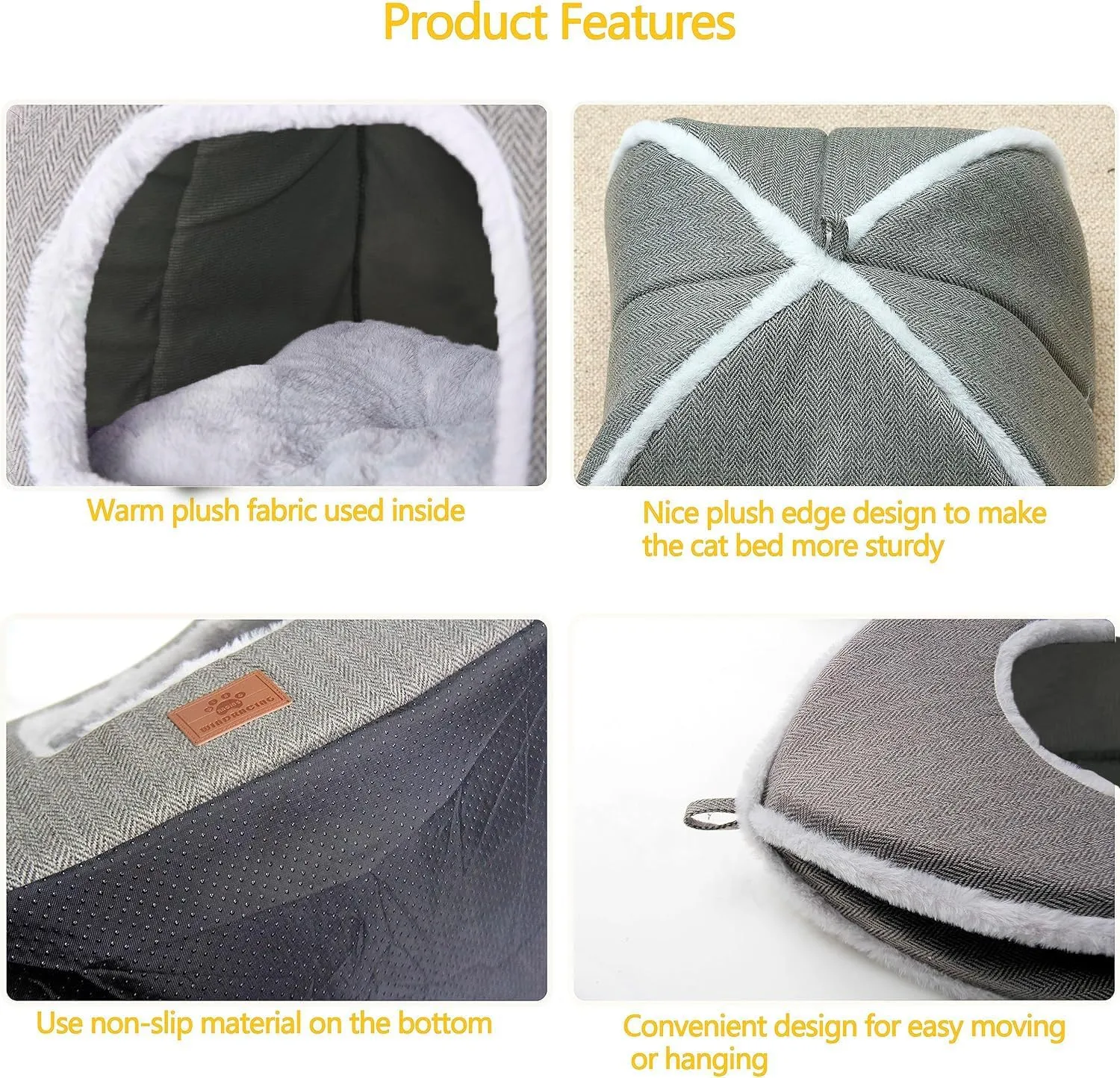 Cat Beds for Indoor Cats-Cat Bed Cave House Tent for Kittens and Small Pets with Washable Cushioned,Soft and Warm Indoor House, Grey, 15 inches