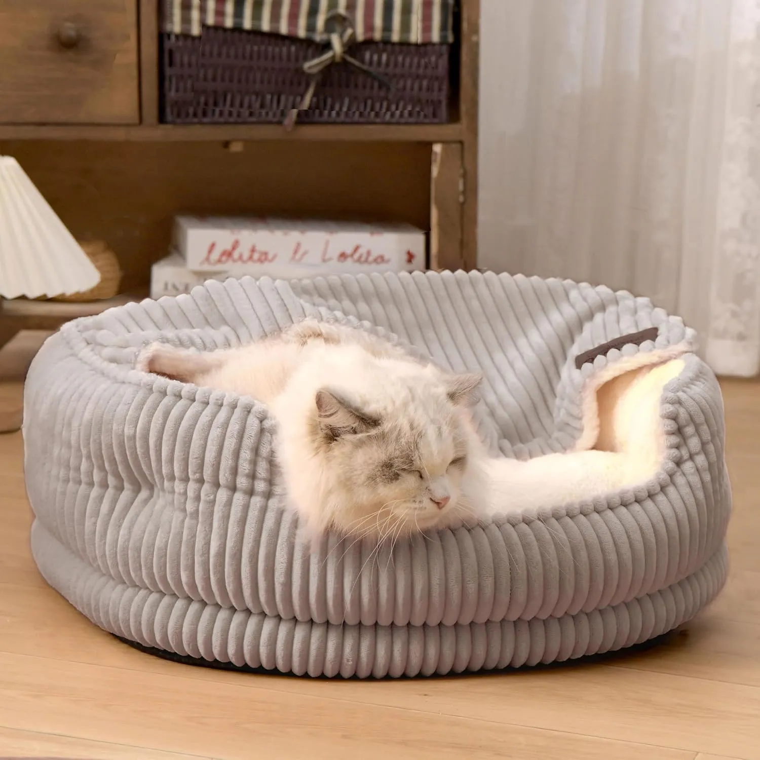 Cat Beds for Indoor Cats,with Soft Hooded Blanket.Comfortable Cute cat Bed,Removable Inner pad Washable with Non-Slip Bottom,Cozy KittenSmall Dog Bed (Grey)