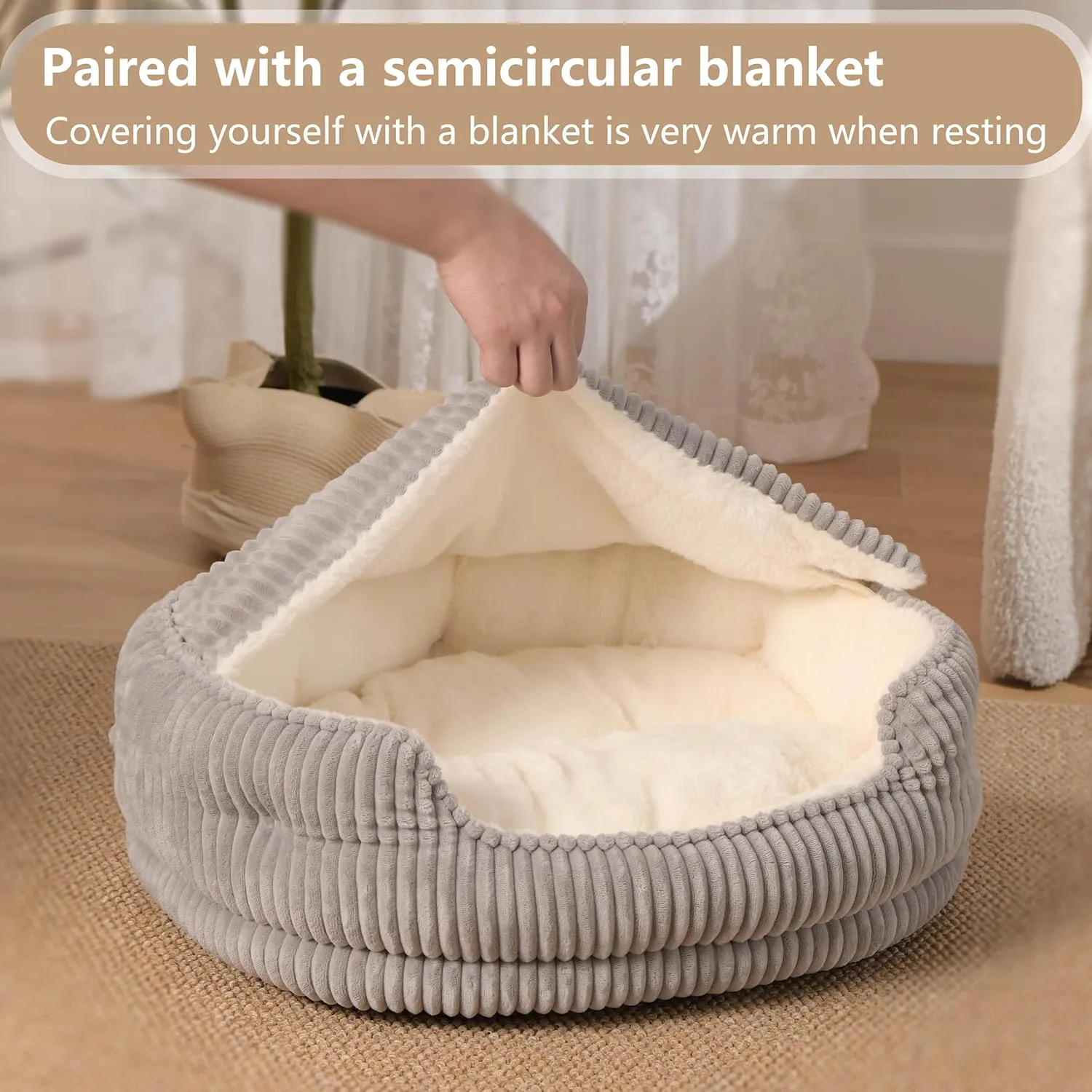 Cat Beds for Indoor Cats,with Soft Hooded Blanket.Comfortable Cute cat Bed,Removable Inner pad Washable with Non-Slip Bottom,Cozy KittenSmall Dog Bed (Grey)