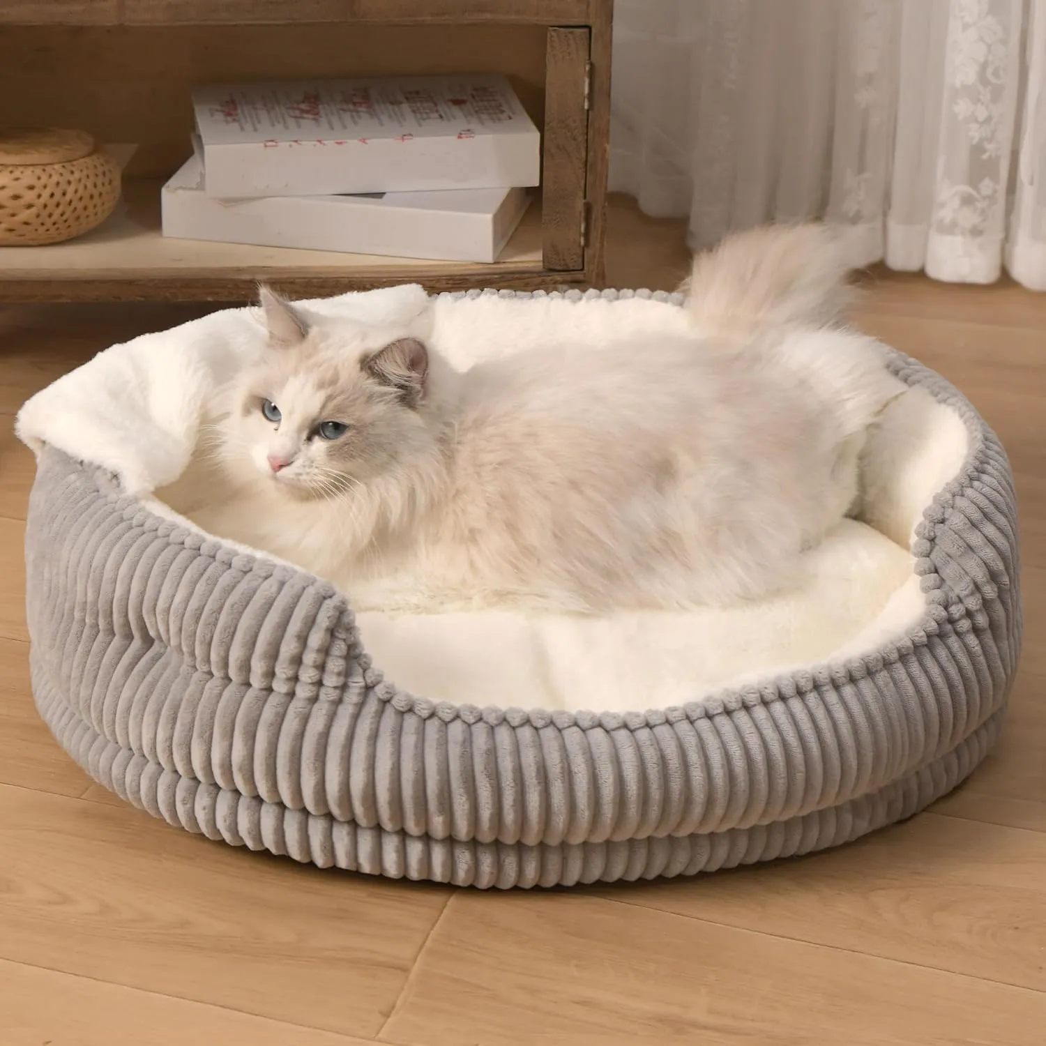 Cat Beds for Indoor Cats,with Soft Hooded Blanket.Comfortable Cute cat Bed,Removable Inner pad Washable with Non-Slip Bottom,Cozy KittenSmall Dog Bed (Grey)