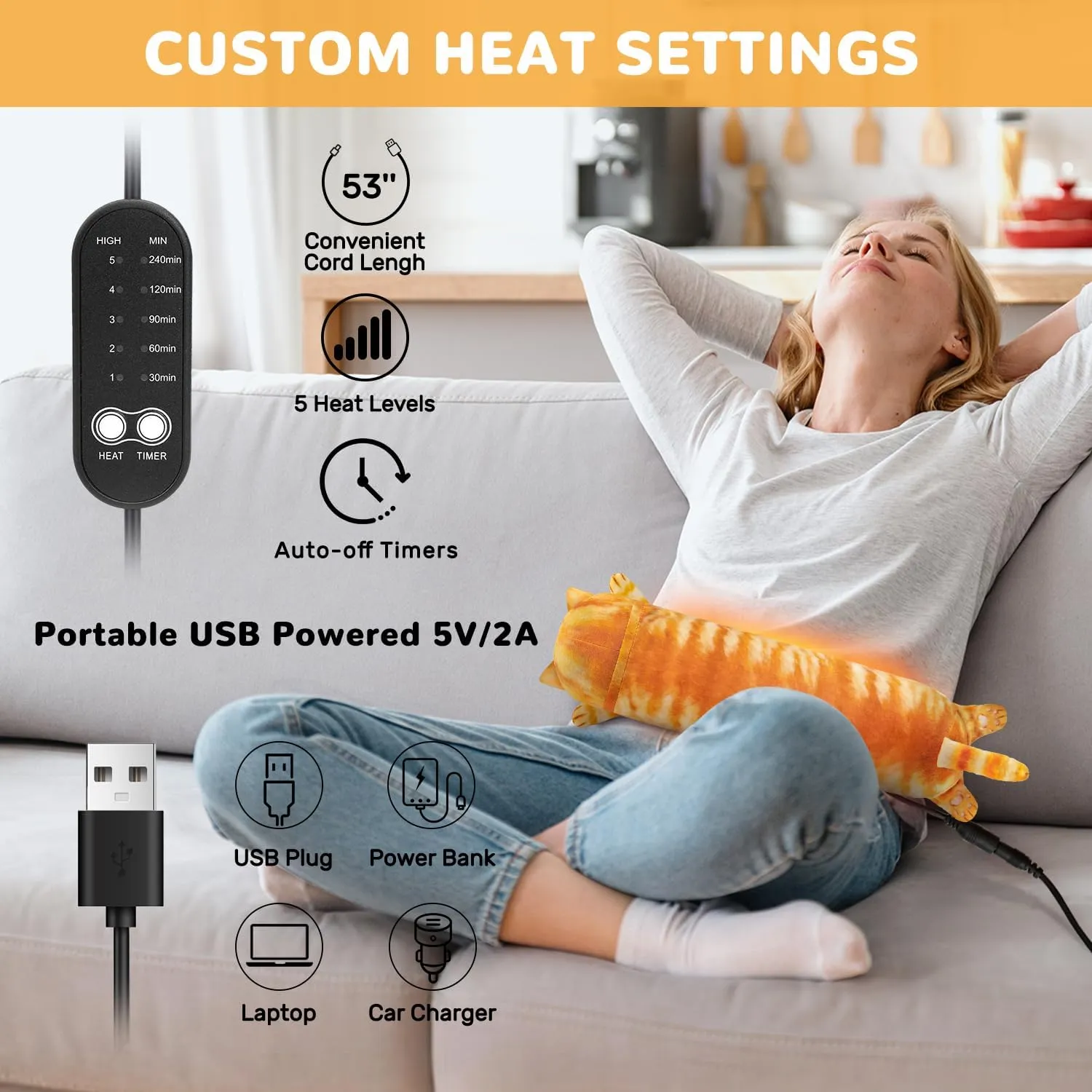 Cat Heating Pad for Period Cramps Menstrual Pain Relief, Portable Electric Heat Pads USB Powered, Cute Stuff Stuffed Animals Funny Gifts for Women Teen Girls Kids Cat Lovers Birthday Easter Christmas