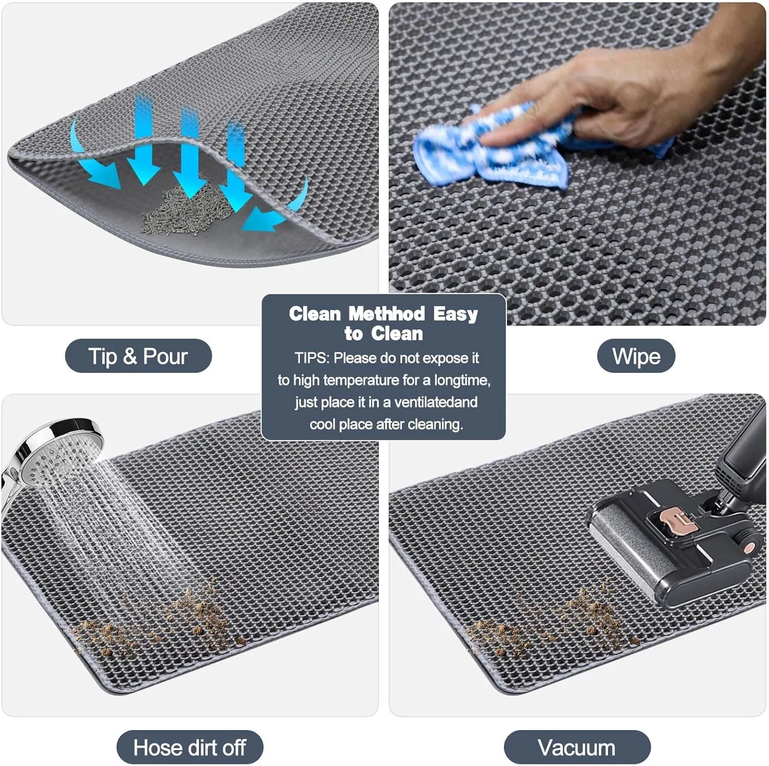 Cat Litter Mat 23.6"x15.7" Double Layer Waterproof & Non-Slip - Honeycomb Washable EVA Litter Mat for Scatter Control, Urine Proof Litter Trapping Mat for Litter Box(Grey)