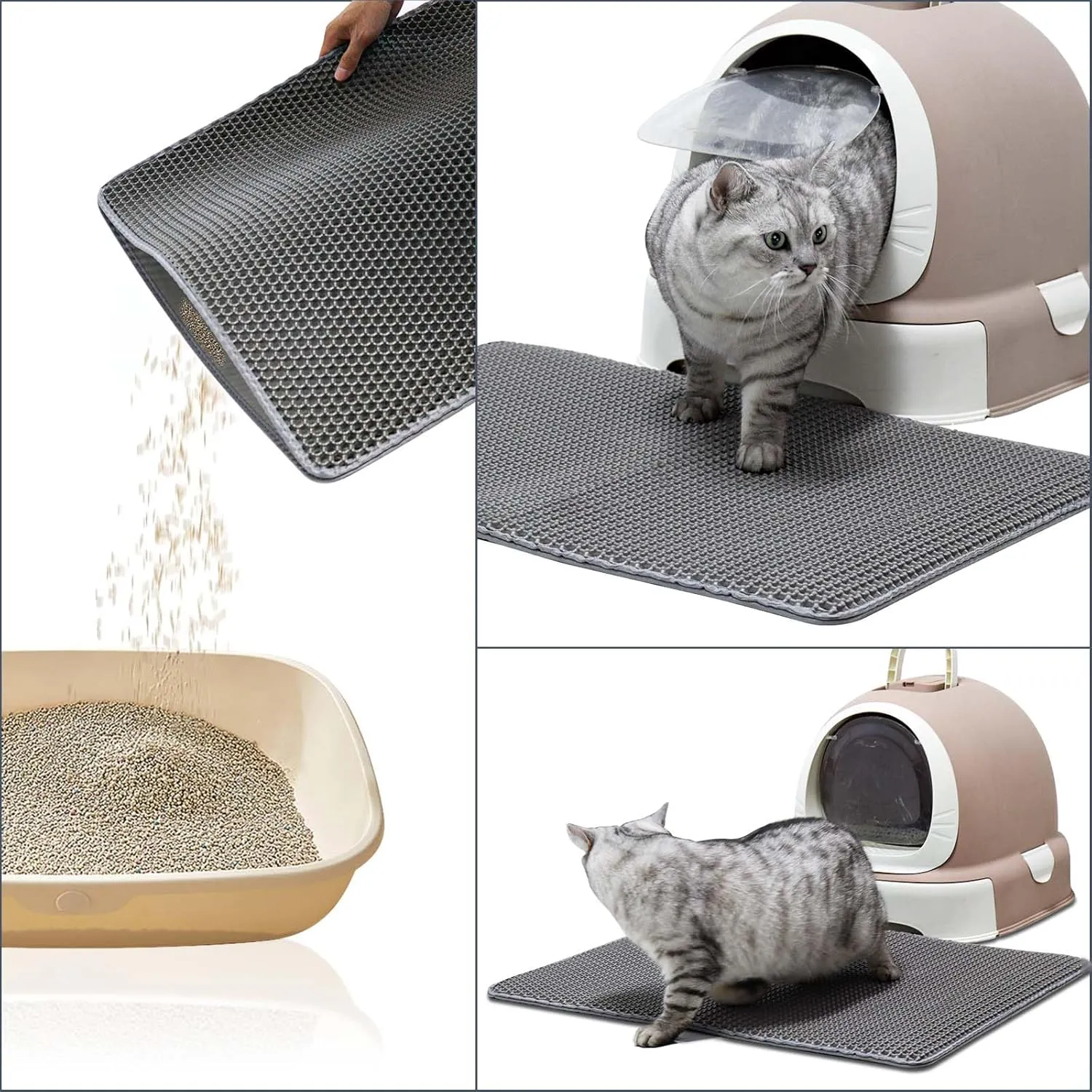 Cat Litter Mat 23.6"x15.7" Double Layer Waterproof & Non-Slip - Honeycomb Washable EVA Litter Mat for Scatter Control, Urine Proof Litter Trapping Mat for Litter Box(Grey)