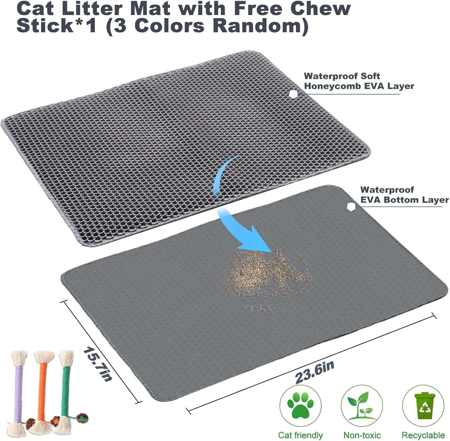 Cat Litter Mat 23.6"x15.7" Double Layer Waterproof & Non-Slip - Honeycomb Washable EVA Litter Mat for Scatter Control, Urine Proof Litter Trapping Mat for Litter Box(Grey)