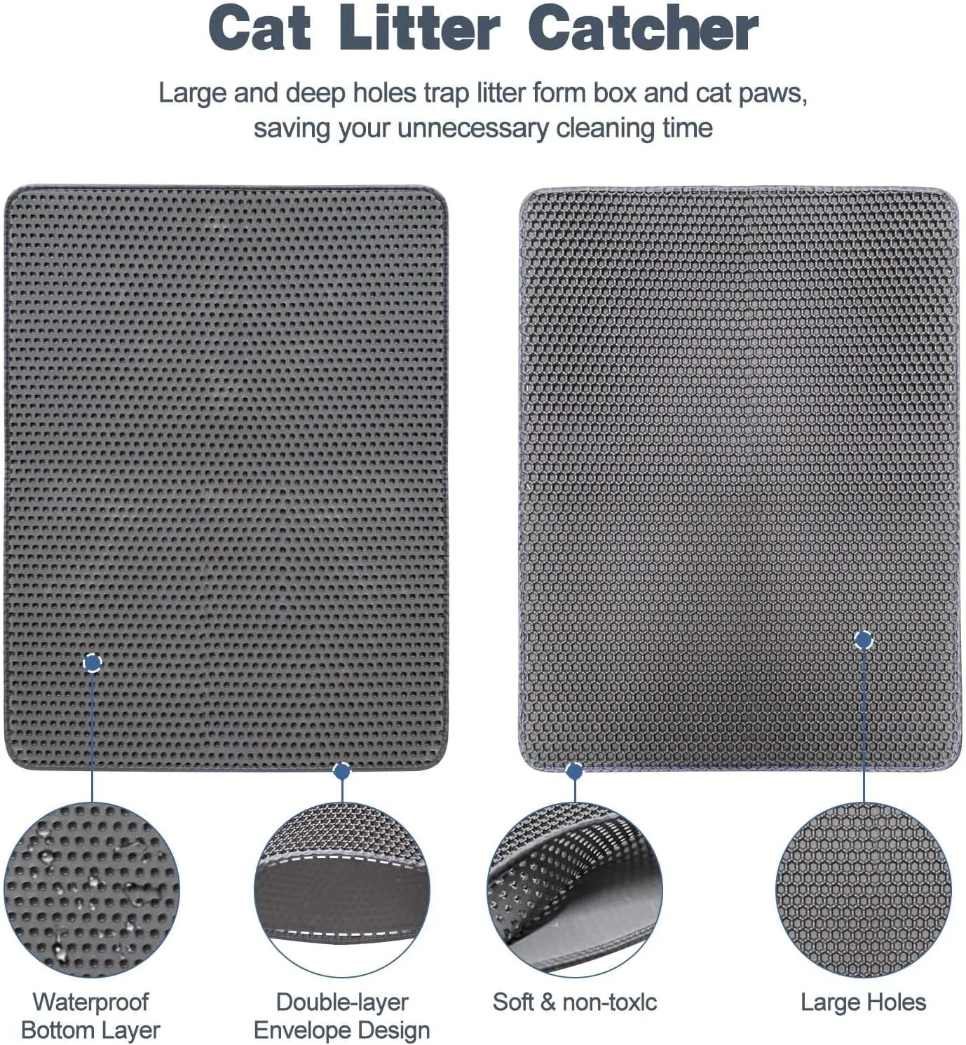 Cat Litter Mat 23.6"x15.7" Double Layer Waterproof & Non-Slip - Honeycomb Washable EVA Litter Mat for Scatter Control, Urine Proof Litter Trapping Mat for Litter Box(Grey)