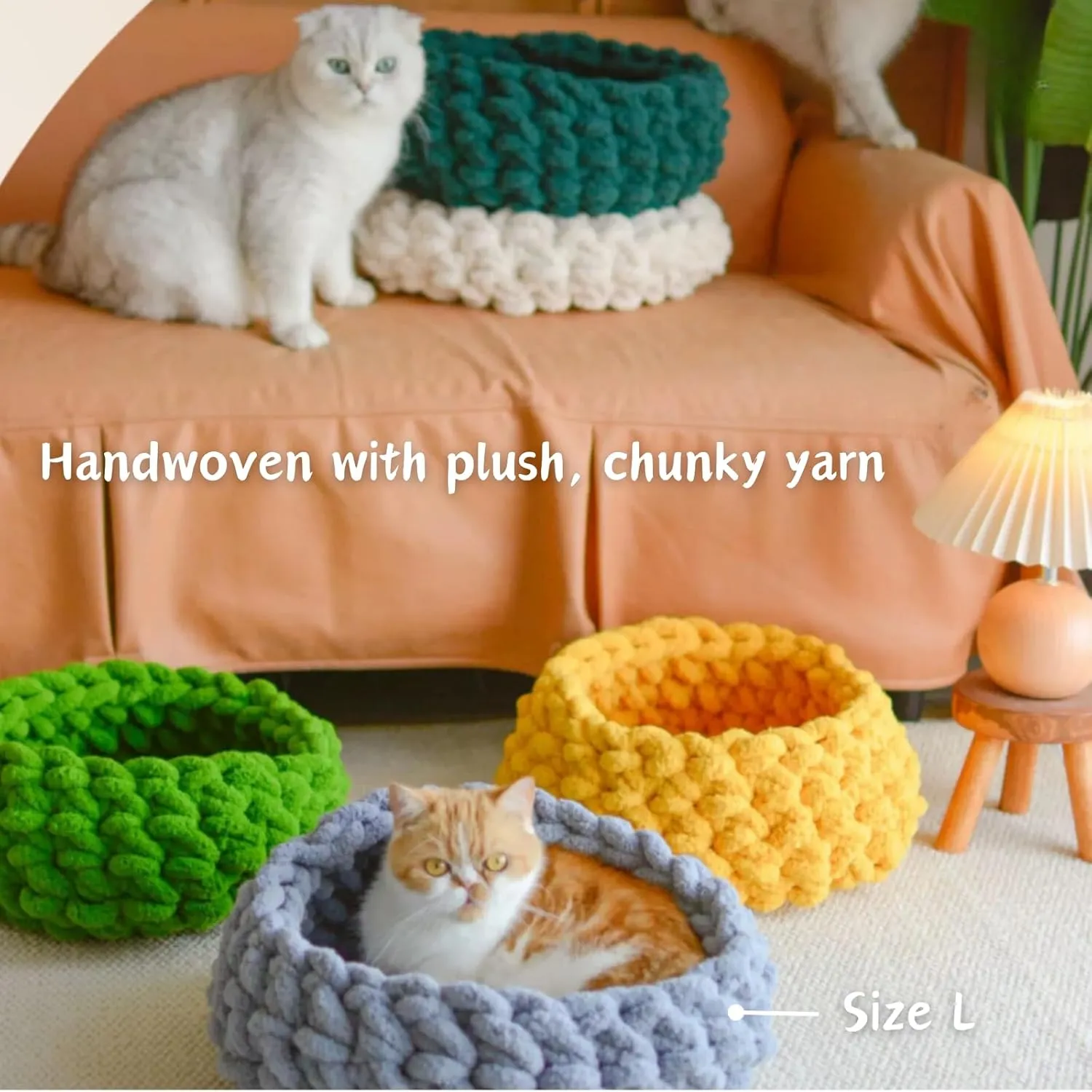 Cat Nest Bed  Premium Handwoven Washable Extra Soft Round Cave House Furniture for Indoor Kitten (LGreen,Large)