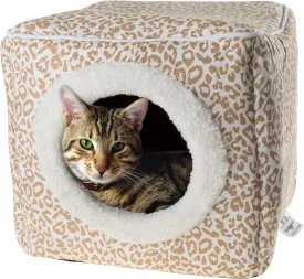 Cat Pet Bed Cave- Indoor Enclosed Covered Cavern/House for Cats Kittens and Small Pets with Removable Cushion Pad by PETMAKER, Tan/White Animal Print 13x12x12