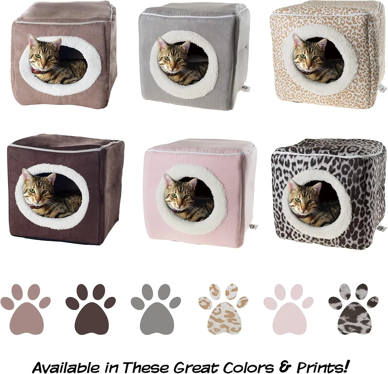 Cat Pet Bed Cave- Indoor Enclosed Covered Cavern/House for Cats Kittens and Small Pets with Removable Cushion Pad by PETMAKER, Tan/White Animal Print 13x12x12