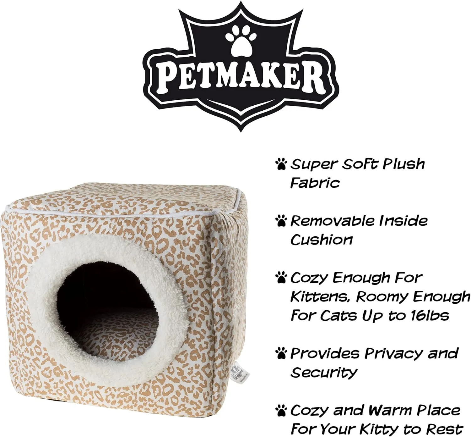 Cat Pet Bed Cave- Indoor Enclosed Covered Cavern/House for Cats Kittens and Small Pets with Removable Cushion Pad by PETMAKER, Tan/White Animal Print 13x12x12