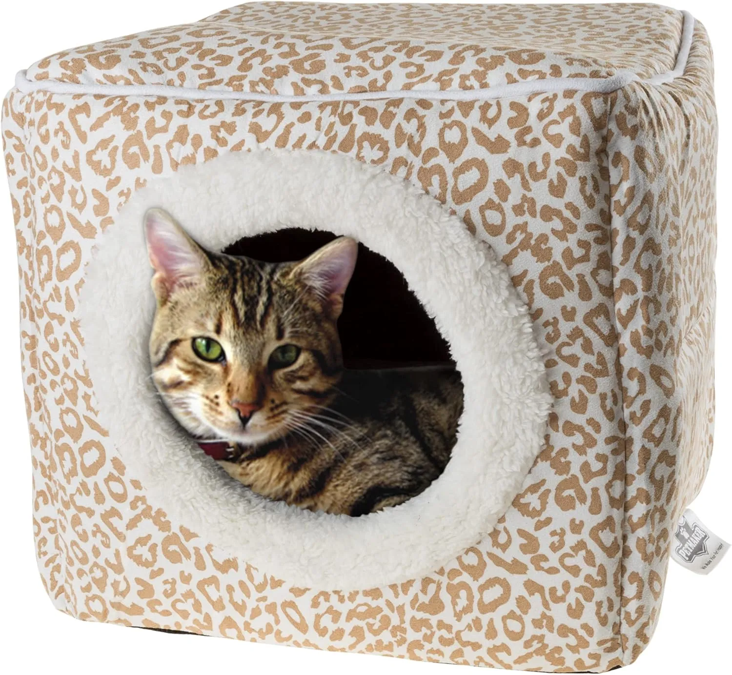 Cat Pet Bed Cave- Indoor Enclosed Covered Cavern/House for Cats Kittens and Small Pets with Removable Cushion Pad by PETMAKER, Tan/White Animal Print 13x12x12