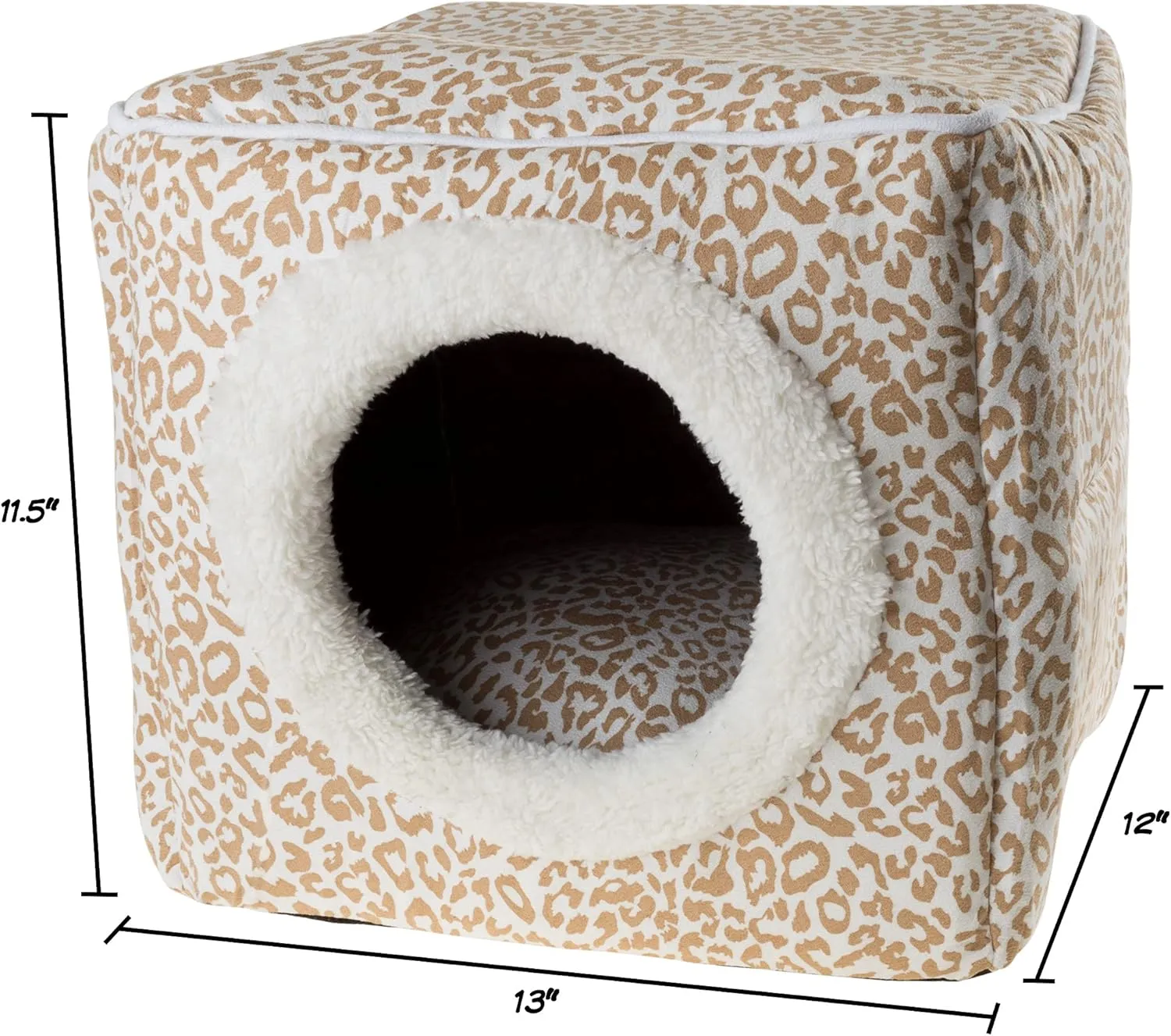 Cat Pet Bed Cave- Indoor Enclosed Covered Cavern/House for Cats Kittens and Small Pets with Removable Cushion Pad by PETMAKER, Tan/White Animal Print 13x12x12