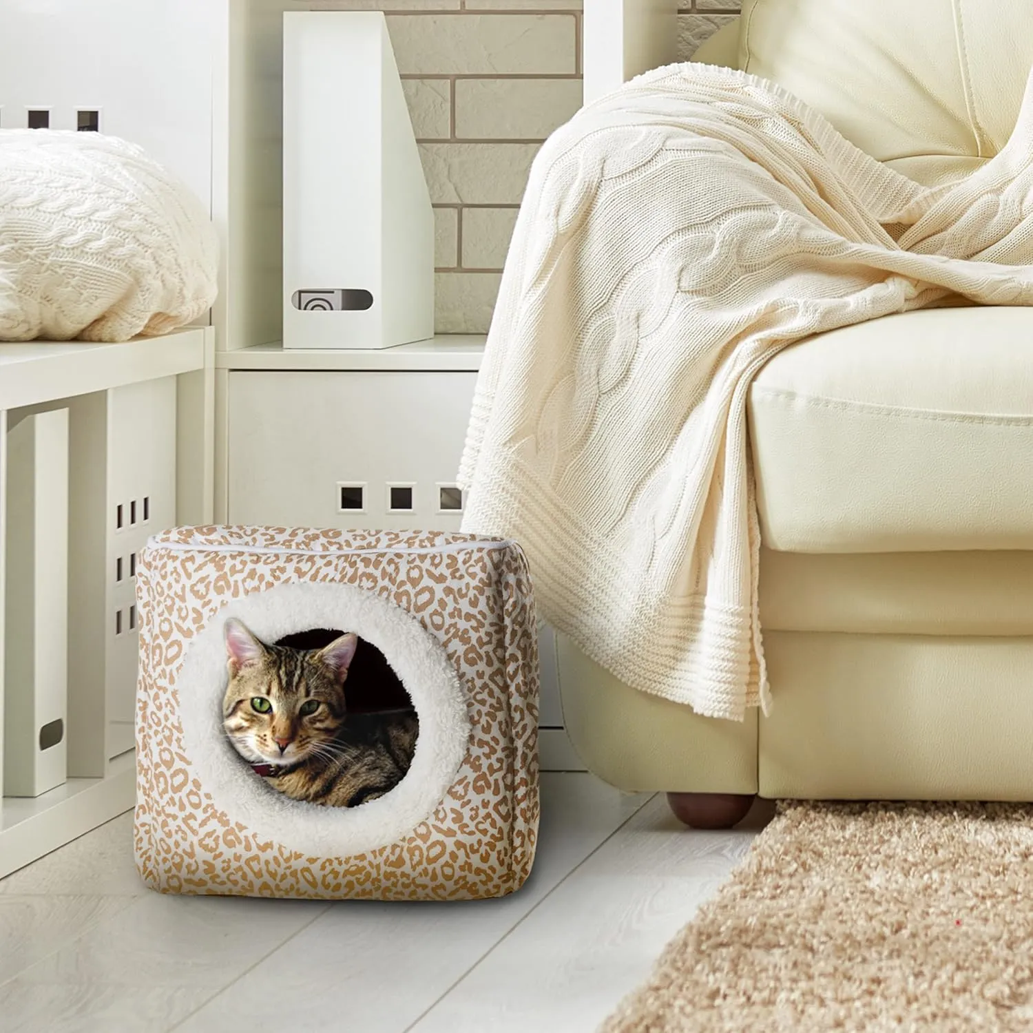 Cat Pet Bed Cave- Indoor Enclosed Covered Cavern/House for Cats Kittens and Small Pets with Removable Cushion Pad by PETMAKER, Tan/White Animal Print 13x12x12