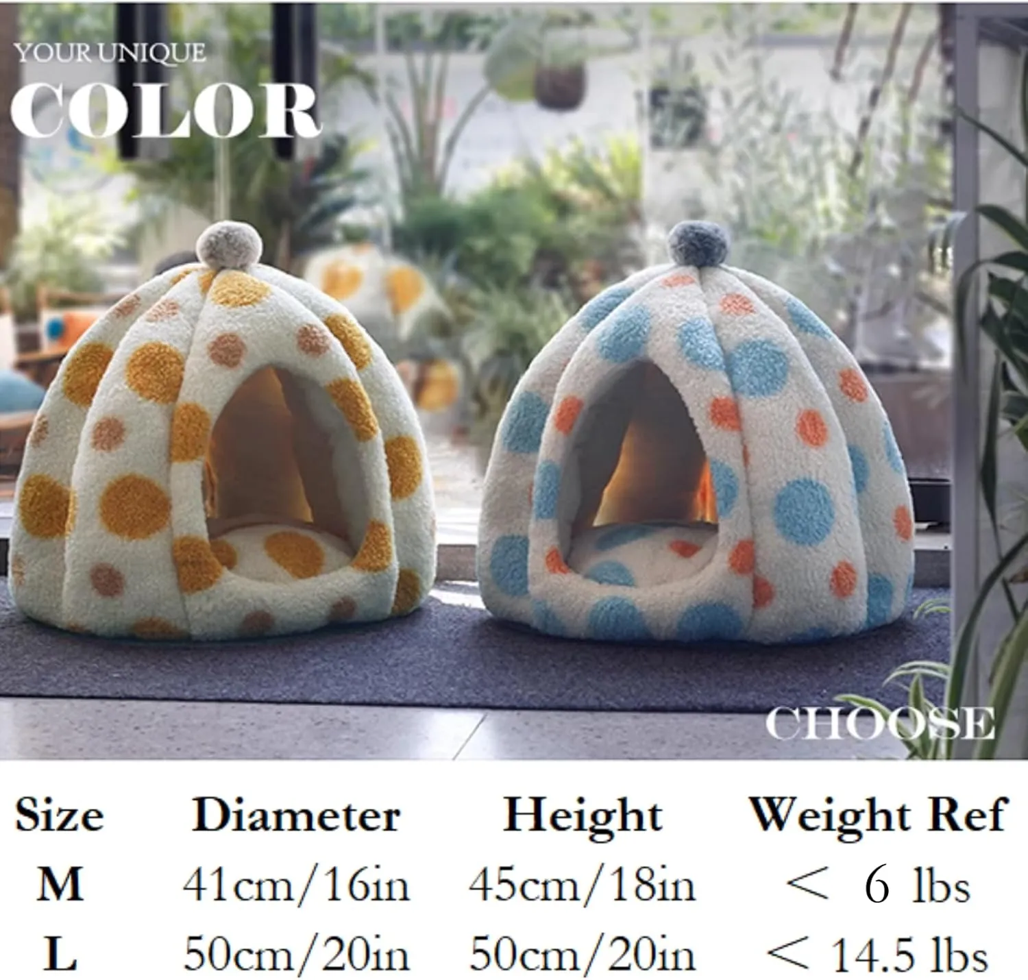 Cat Polka Dot Yurt Bed, Plush Warm Semi-Enclosed Cave Hideaway, Soft Comfy House for Indoor Kitten (Blue,Large)